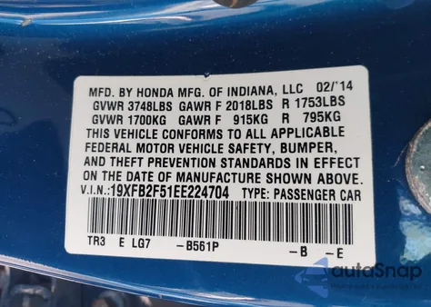 2014 Honda Civic Lx from USA, damaged, VIN 19XFB2F51EE224704